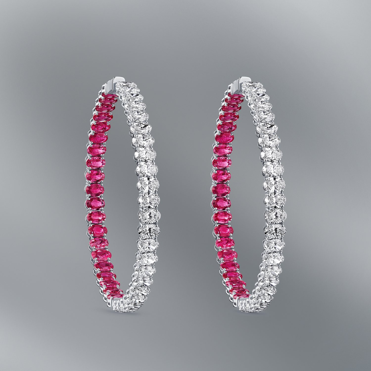 Diamond Hoop Earrings Set with Oval Rubies