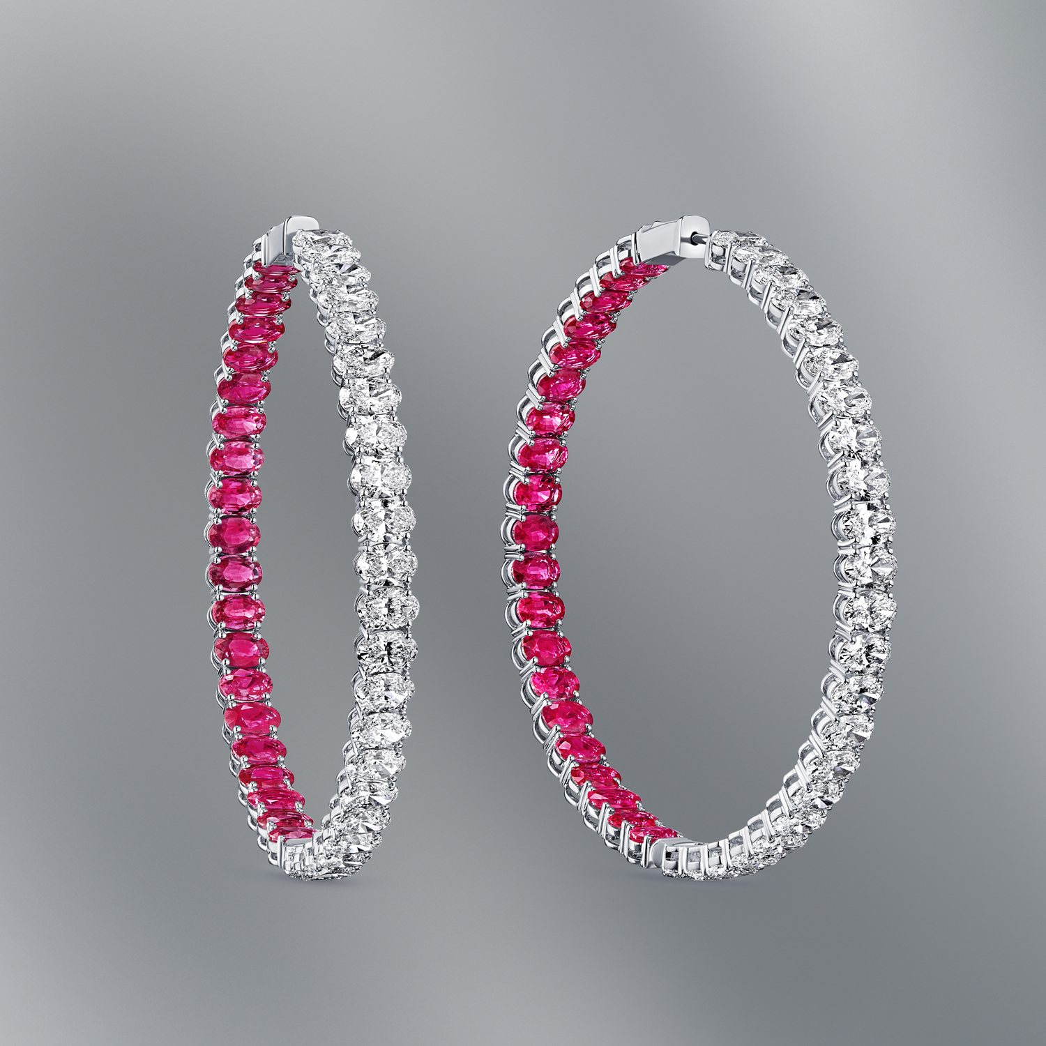 Diamond Hoop Earrings Set with Oval Rubies