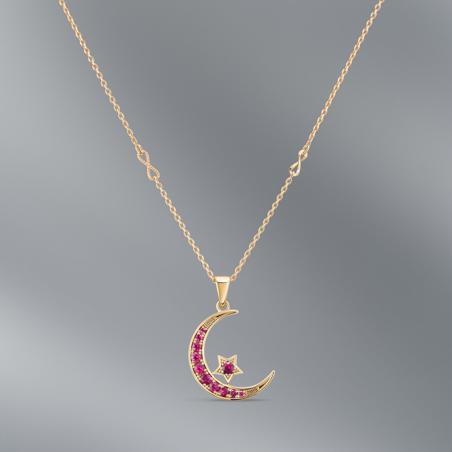 Half Moon Pendant with Natural Rubies in 18K Yellow Gold
