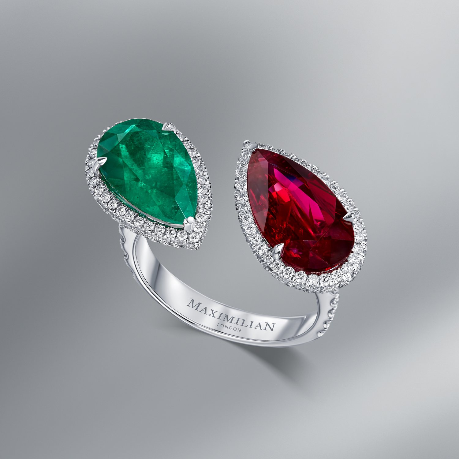 Diamond Ring Set with Natural Mozambique Ruby and Colombian Emerald