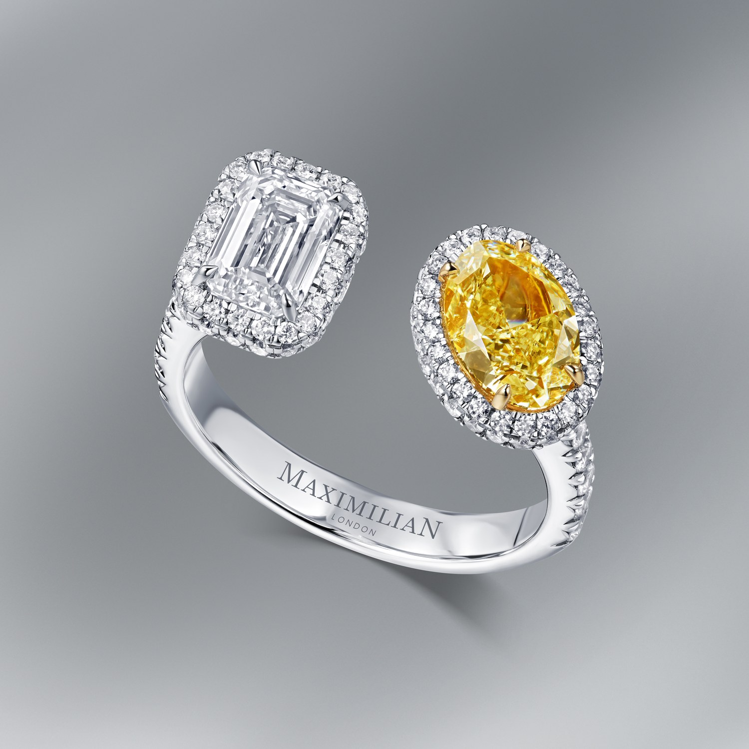 Double Ring with Fancy Yellow Oval and Emerald-Cut Diamonds
