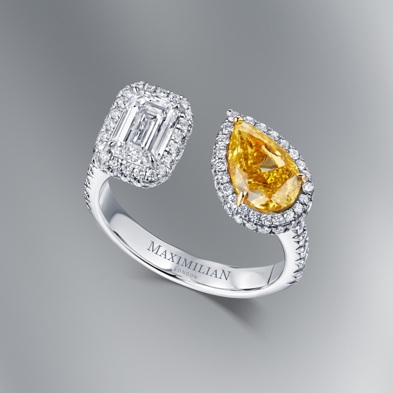 Double Ring with Fancy Deep Orangy Yellow Pear and Emerald-Cut Diamonds