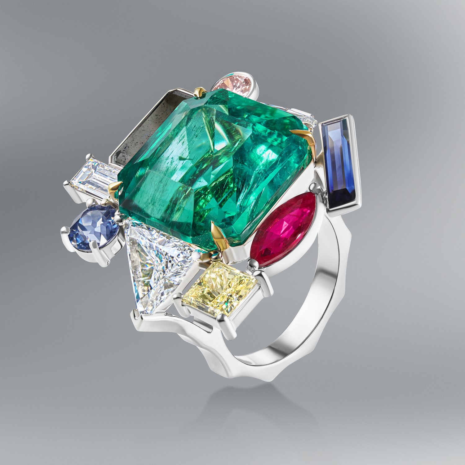 Kandinskiy Ring with 21.05 Carat Colombian Emerald